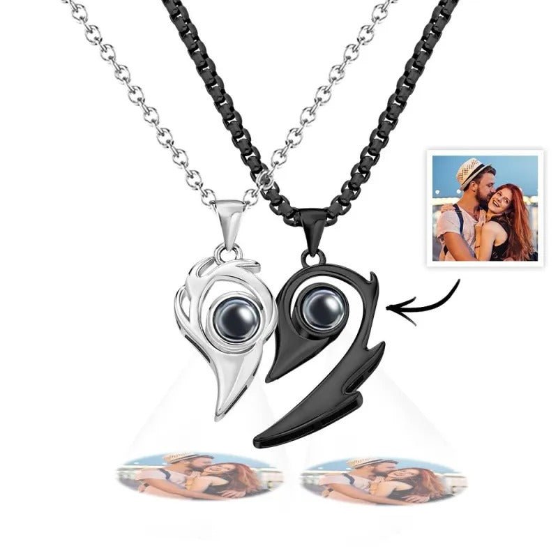 2 Pcs Personalized Picture Inside Projection Necklace Custom Memorial Photo Projected Pendant Jewelry Gift for Couple Men Women for Her - OOOMG