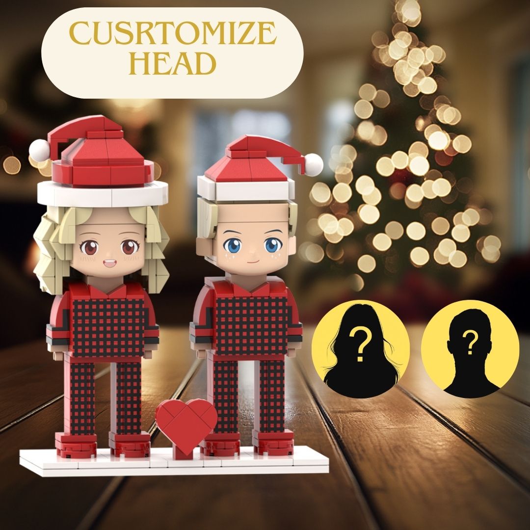 Head Custom Ugly Christmas Couple Pajamas Brick Figures with Customizable Faces for Two