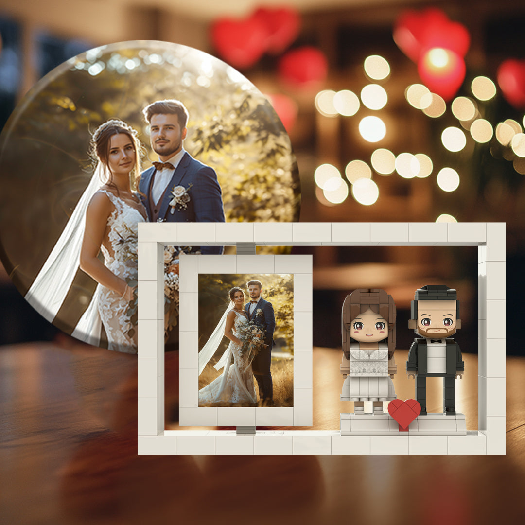 [ROUNDME] Customizable Couple Brick Figures with Photo Frame - Perfect Anniversary Gift for Wedding Memories