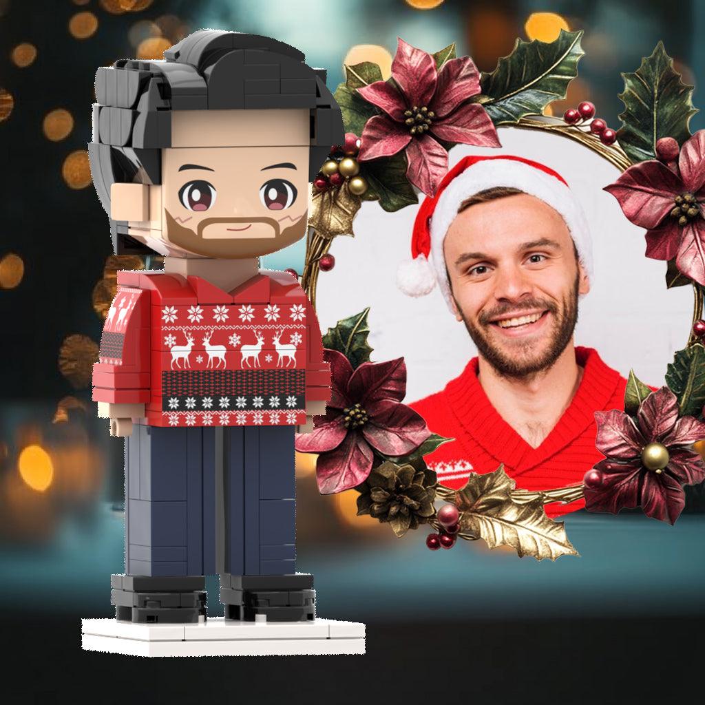 Head Custom  Ugly Christmas Sweater Full Body Customizable 1 Person Custom Brick Figures Small Particle Block Toy Brick Me Figures Ugly Sweater Boy