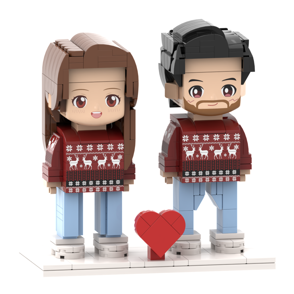 Head Custom Customizable Ugly Christmas Sweater Couple Brick Figures Reindeer Theme for Two