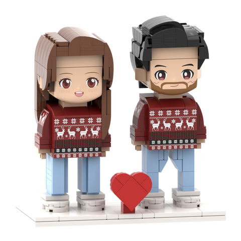 Head Custom Customizable Ugly Christmas Sweater Couple Brick Figures Reindeer Theme for Two