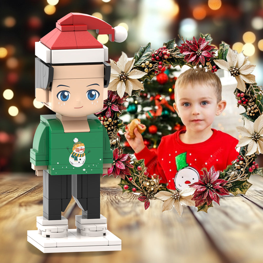 Head Customizable Christmas Themed Miniature Brick Figures for Kids: Adorable Boy in Festive Outfit