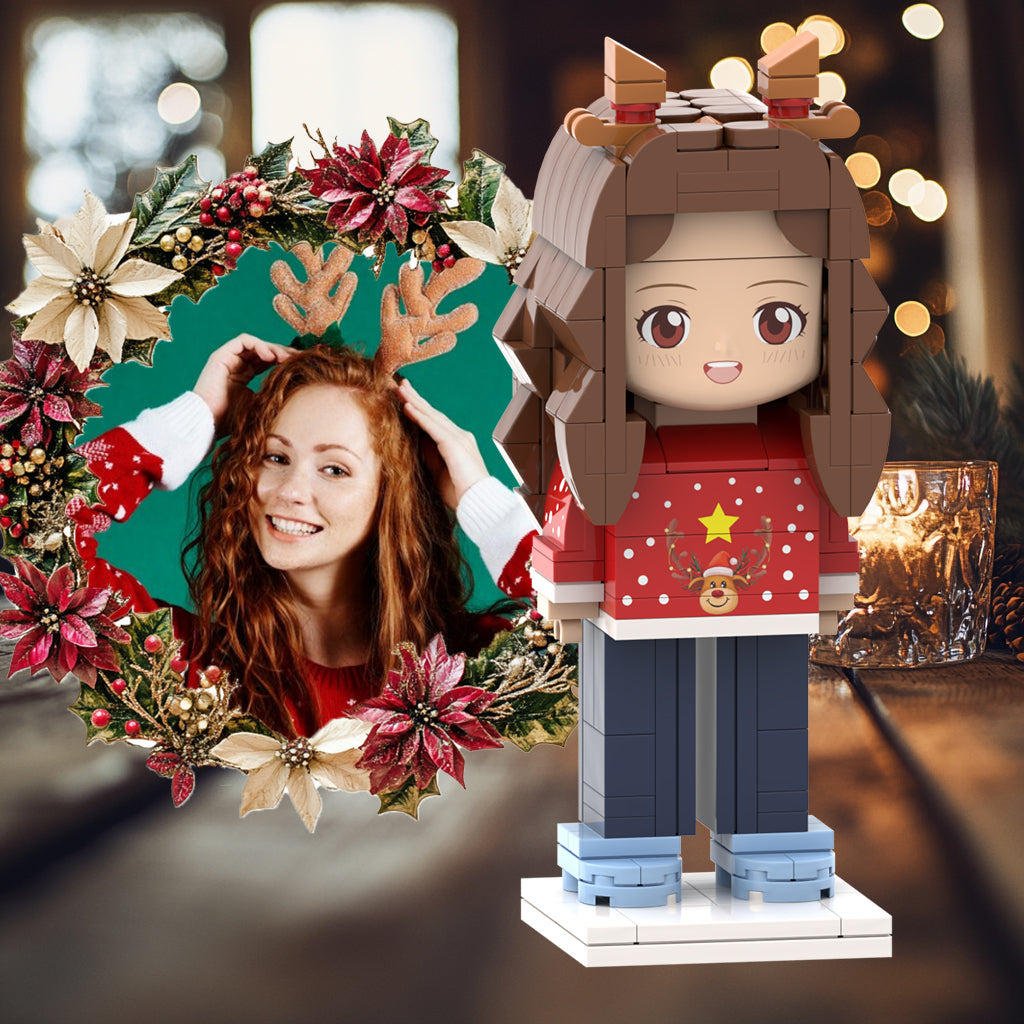 Personalized Small Particle Block Toy: Custom Head Christmas Elk Girl Brick Figures for Gifts