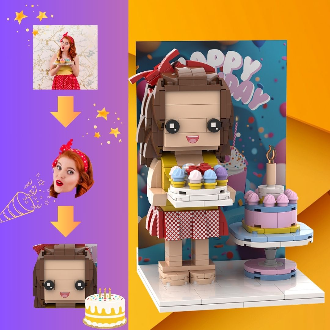 Head Custom Special Lady Personalized Brick Figure Birthday Gift with Cake Ornament