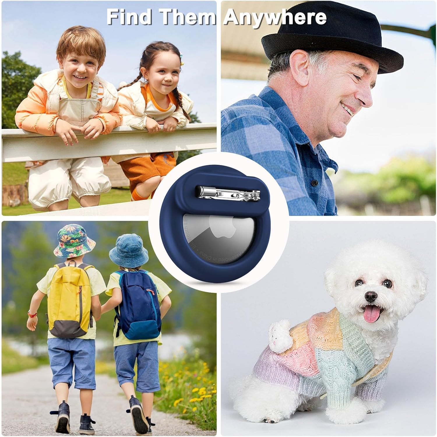 Apple Airtag Holder for Kids, 2 Pack Silicone Airtag Case with Safety Pins, GPS Tracker Case for Children, Elderly, Hidden Inside Clothes, Shoe, Backpack (Black+Blue) - OOOMG