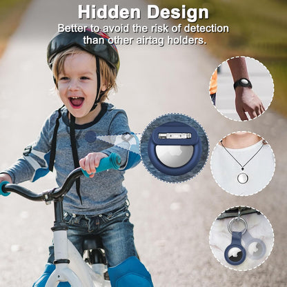 Apple Airtag Holder for Kids, 2 Pack Silicone Airtag Case with Safety Pins, GPS Tracker Case for Children, Elderly, Hidden Inside Clothes, Shoe, Backpack (Black+Blue) - OOOMG