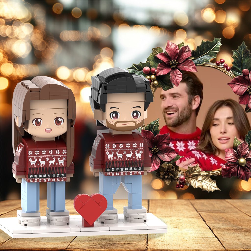 Head Custom Customizable Ugly Christmas Sweater Couple Brick Figures Reindeer Theme for Two - OOOMG