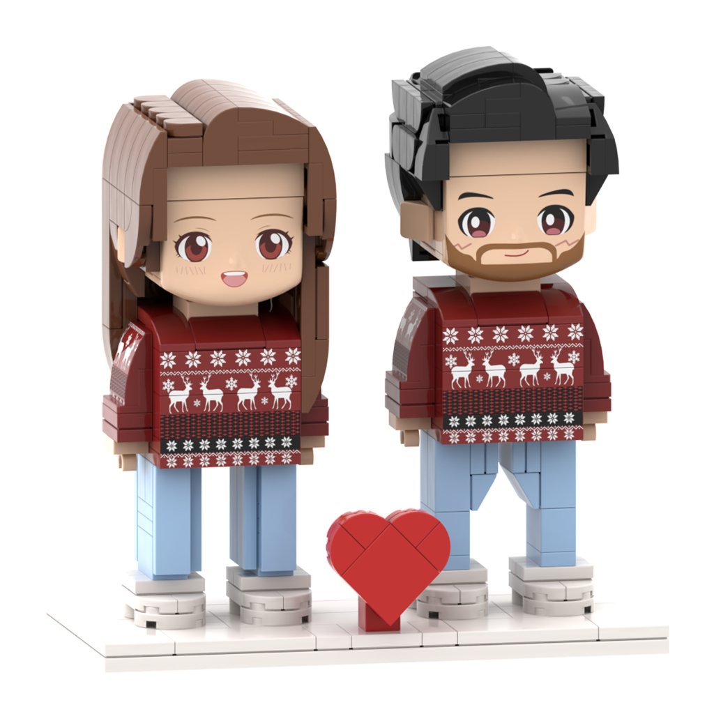 Head Custom Customizable Ugly Christmas Sweater Couple Brick Figures Reindeer Theme for Two - OOOMG