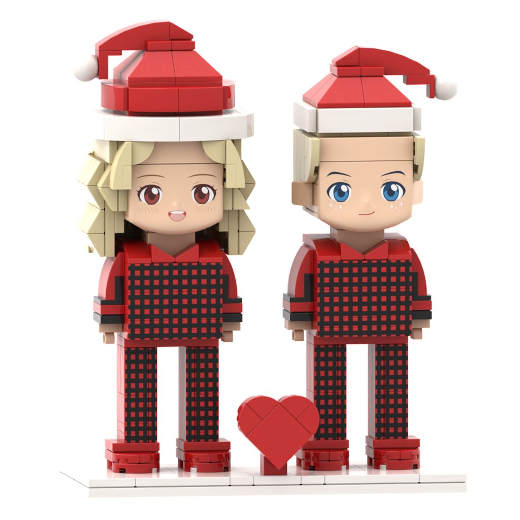 Head Custom Ugly Christmas Couple Pajamas Brick Figures with Customizable Faces for Two - OOOMG