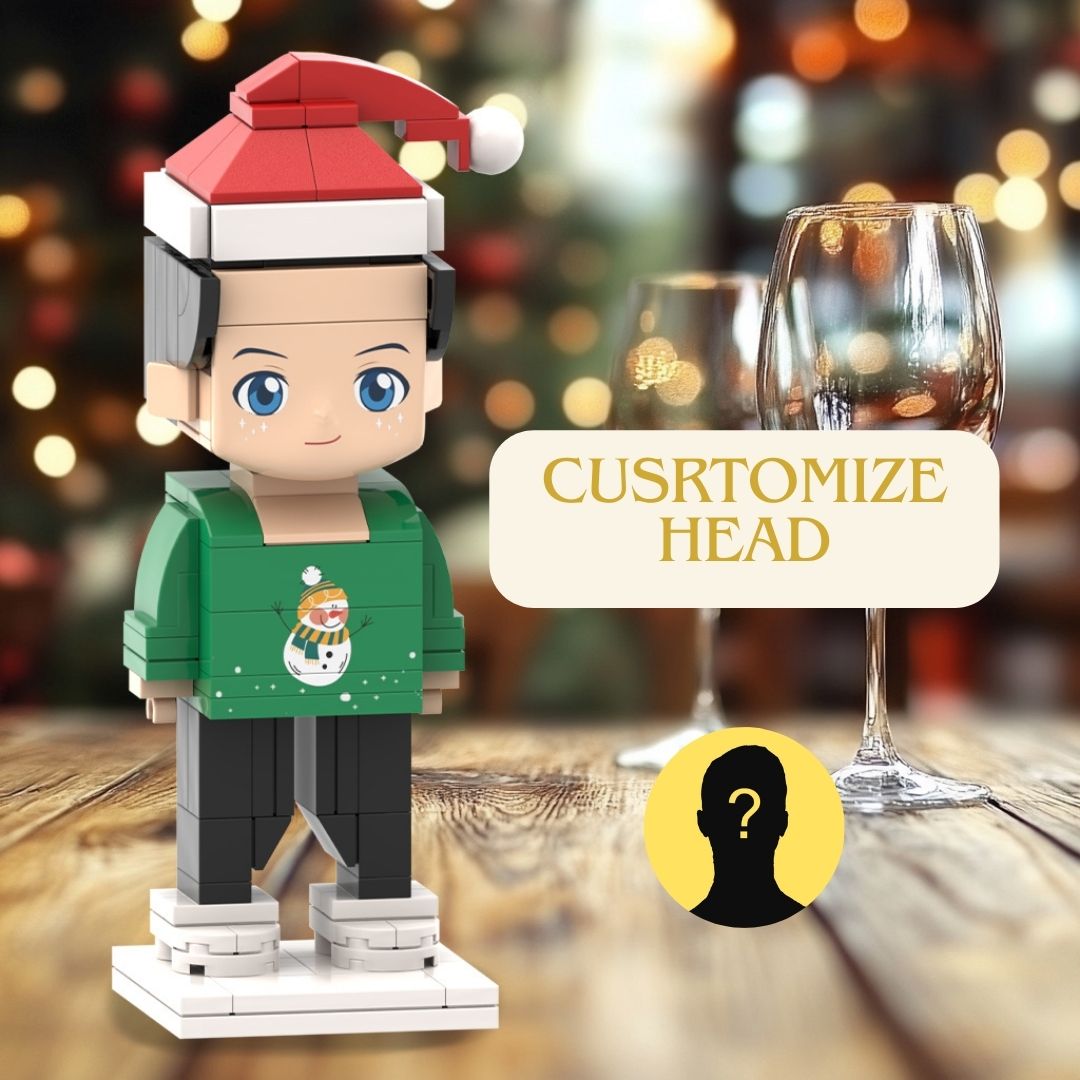 Head Customizable Christmas Themed Miniature Brick Figures for Kids: Adorable Boy in Festive Outfit - OOOMG