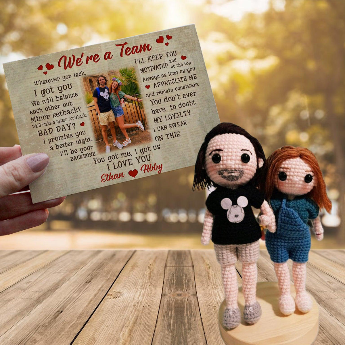 Personalized Crochet Doll with Photo Card "We're a Team"