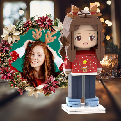 Personalized Small Particle Block Toy: Custom Head Christmas Elk Girl Brick Figures for Gifts - OOOMG