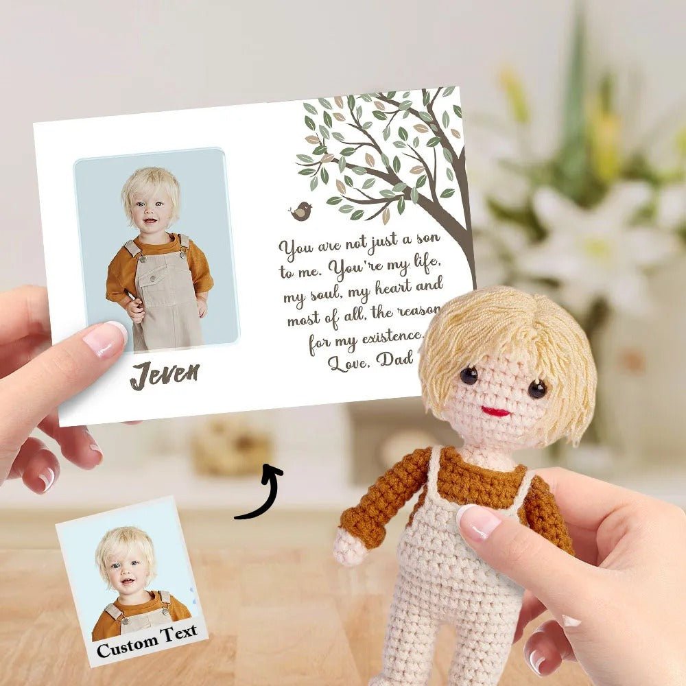 To My Son Custom Crochet Doll from Photo Handmade Look alike Dolls with Personalized Name Card - OOOMG